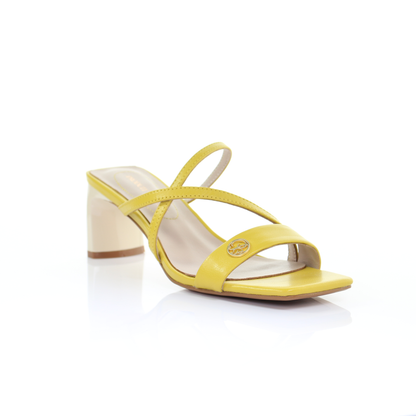 Square toe leather strappy heeled sandal-Yellow